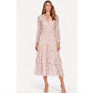 LOVESHACKFANCY SILK FLORAL DRESS PINK METALLIC LUREX